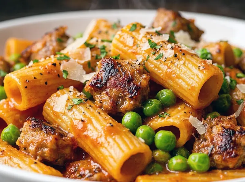 Sausage and Pea Pasta with sausage, peas and parmesan — Italy recipe