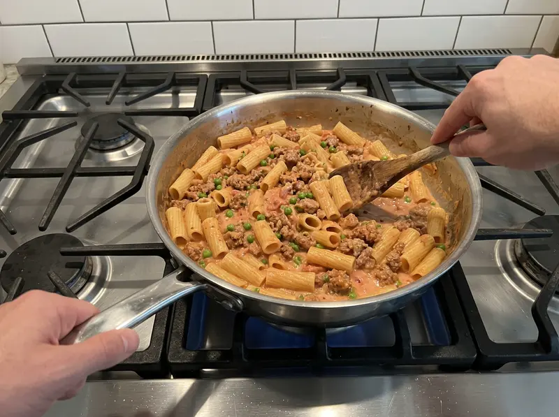 Pasta con salsiccia e piselli: un cucchiaio di legno mescola i rigatoni in crema rosa di pomodoro con salsiccia e piselli
