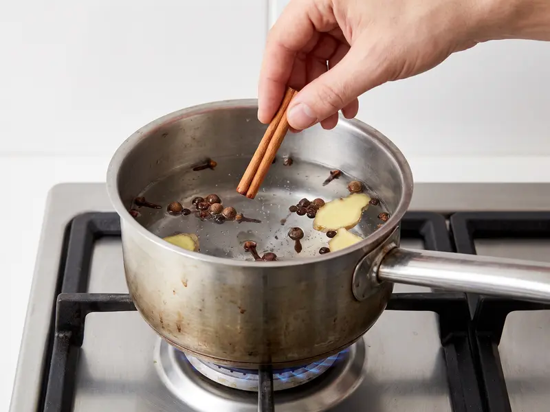 Stecca di cannella immersa in una pentola d'acqua con chiodi di garofano, pimento, pepe e zenzero per lo sbiten