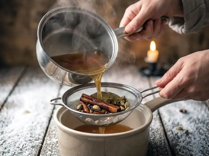Sbiten caldo al miele filtrato con un colino fine, con spezie e cannella trattenute nella rete
