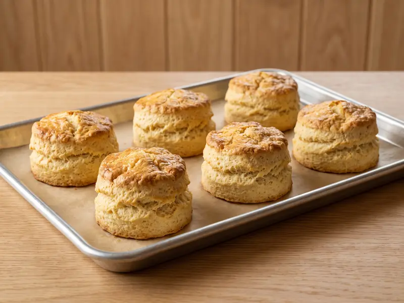 Six tall golden buttermilk scones with risen tops on a parchment-lined baking sheet, just baked