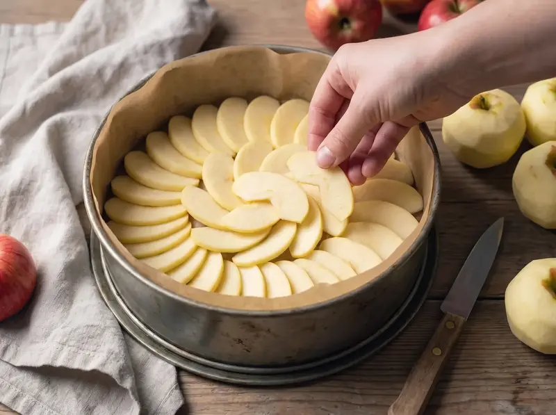 Sharlotka: thin raw apple slices spread evenly over the base of a lined round cake tin, peeled apples beside