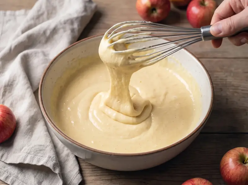Sharlotka batter: pale whisked egg and sugar falling from the whisk in a thick ribbon that holds on the surface