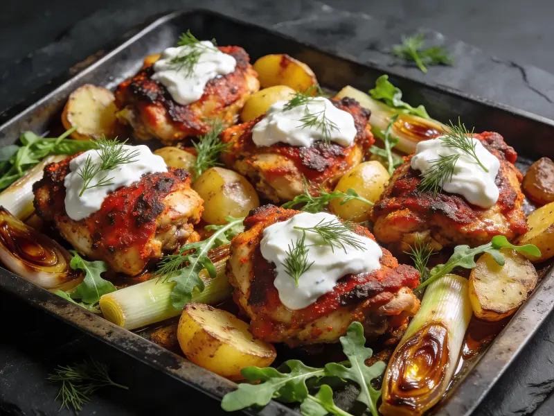 Sheet-Pan Harissa Chicken with Garlic Yogurt with chicken, harissa and yogurt — Mediterranean recipe