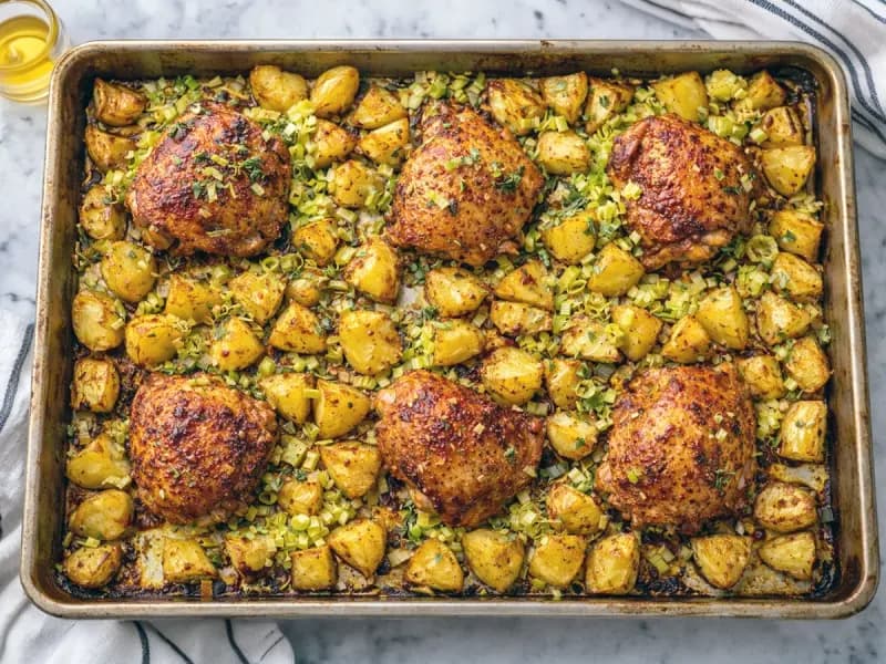 Lemony leeks added to the pan as the harissa chicken finishes roasting