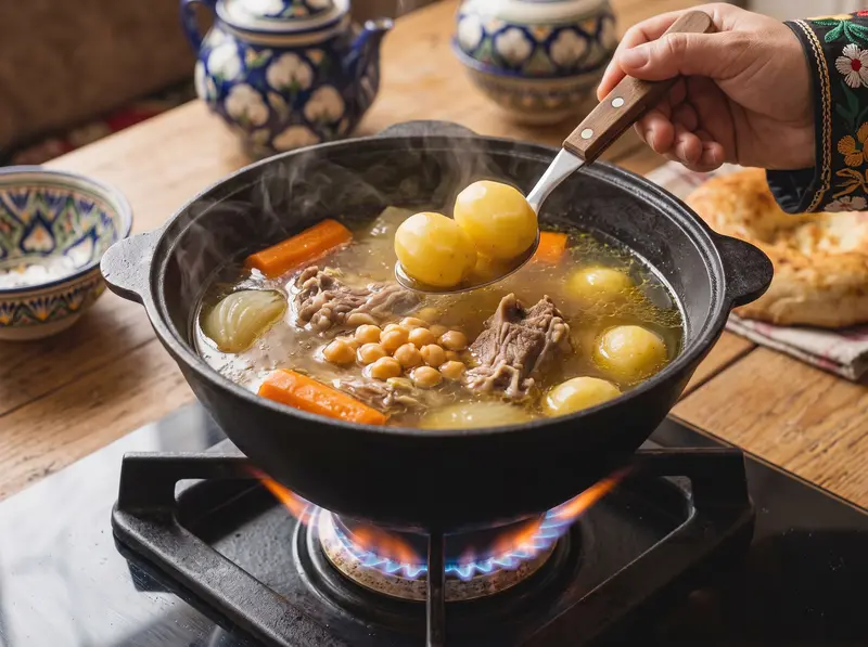 Целые картофелины на ложке над бульоном шурпы с крупной морковью, нутом и бараниной на кости