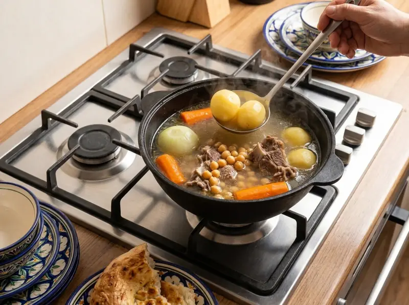 Ganze Kartoffeln auf dem Löffel über der Shurpa-Brühe mit Möhrenstücken, Kichererbsen und Lamm am Knochen