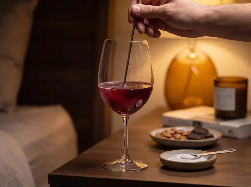 Sleepy Girl Mocktail: a bar spoon stirs magnesium powder into tart cherry juice in a wine glass on a nightstand
