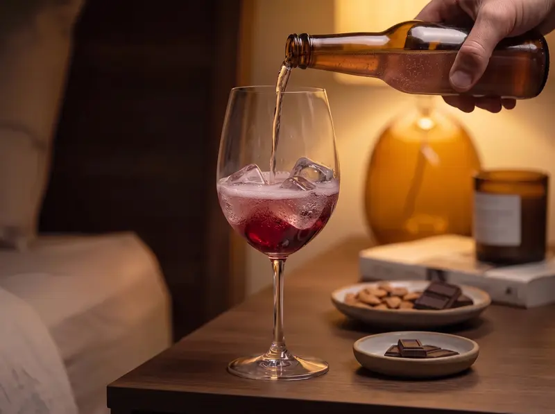 Sleepy Girl Mocktail: sparkling soda poured down the side of the glass over ice turns the cherry juice pale pink