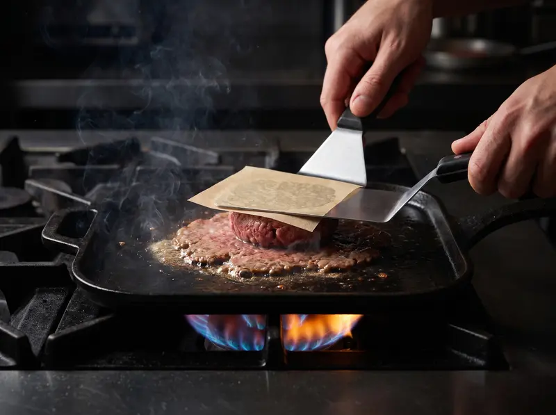 Cold beef ball flattened under parchment with a stiff spatula on a smoking griddle — the smash burger patty taking shape.