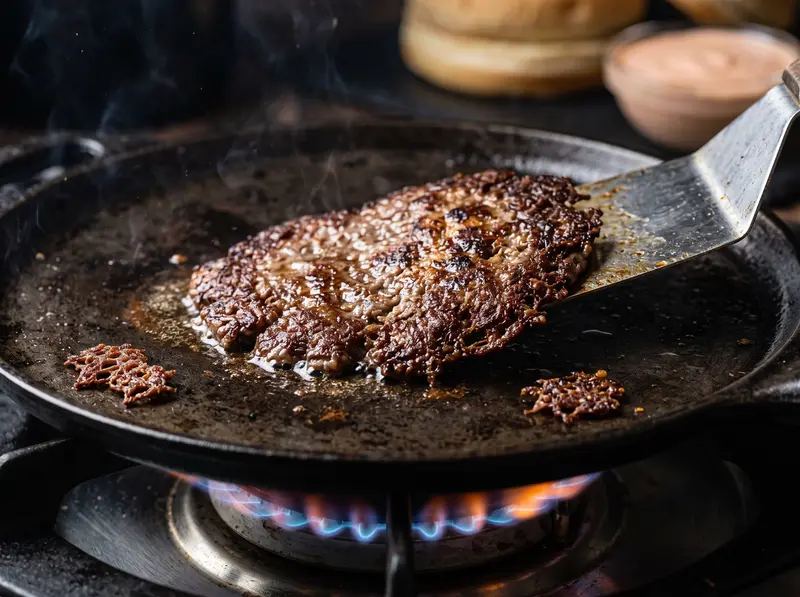 Spatula lifting the edge of a thin smash burger patty on the griddle, dark lacy crust around the browned underside.