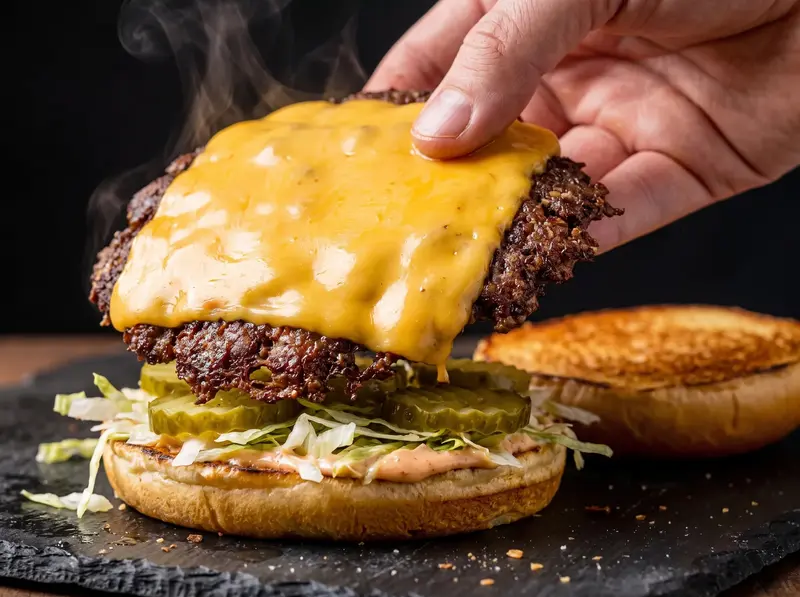 Hot patty with fully melted cheese laid onto the smash burger bun with pink sauce, iceberg lettuce and pickles.