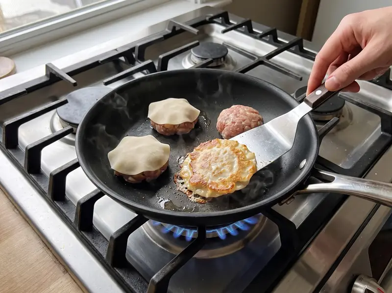 Gyoza schiacciati: palline di maiale in padella coperte con la sfoglia per gyoza e schiacciate con la spatola