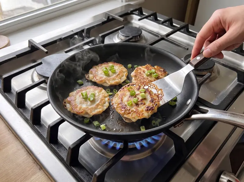 Gyoza schiacciati girati con la sfoglia sotto, la pelle sottile dorata e bollosa, salsa accanto