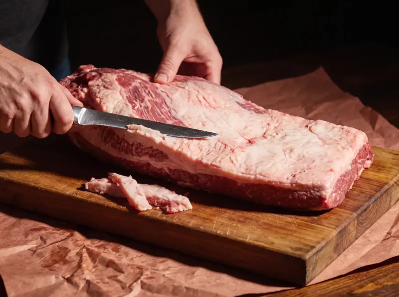 Cold brisket trimmed to an even 6 mm fat cap before the rub goes on