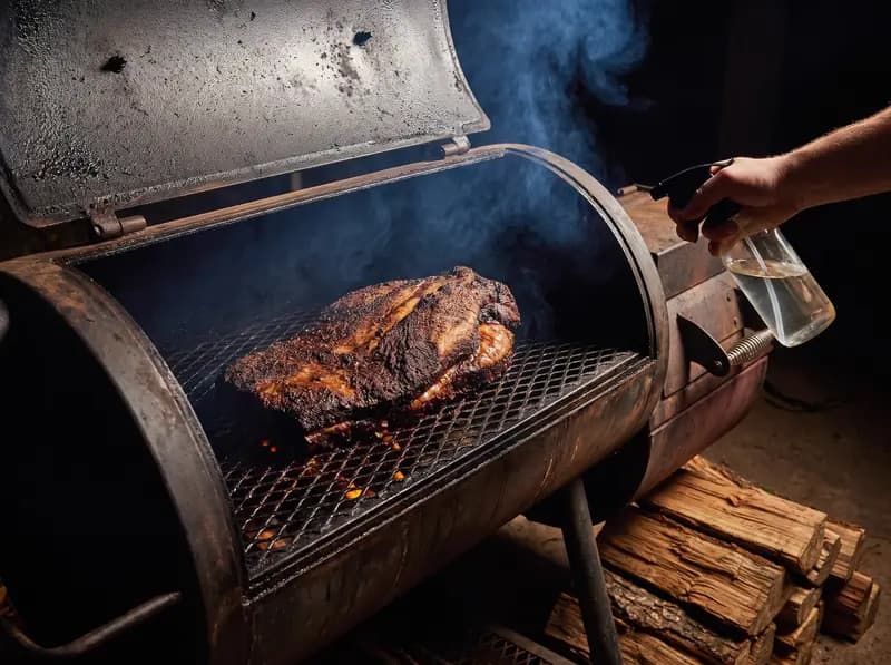 Brisket in the smoker with dark mahogany bark after hours of spritzing