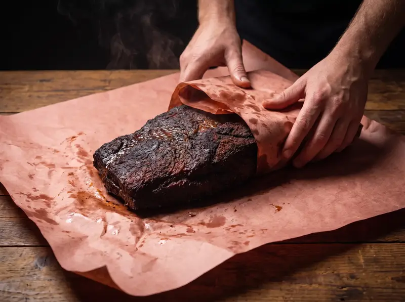 Brisket wrapped tightly in pink butcher paper to push through the stall