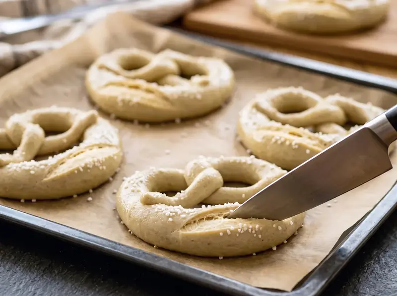 Rohe Brezeln auf dem Blech mit grobem Salz, ein Messer schneidet den dicken Bauch ein