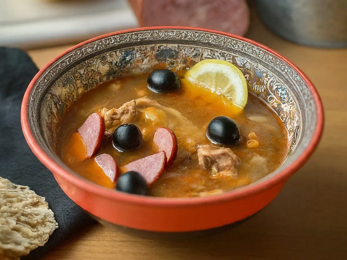 Solyanka with beef, sausage and pickled cucumbers — Russia recipe