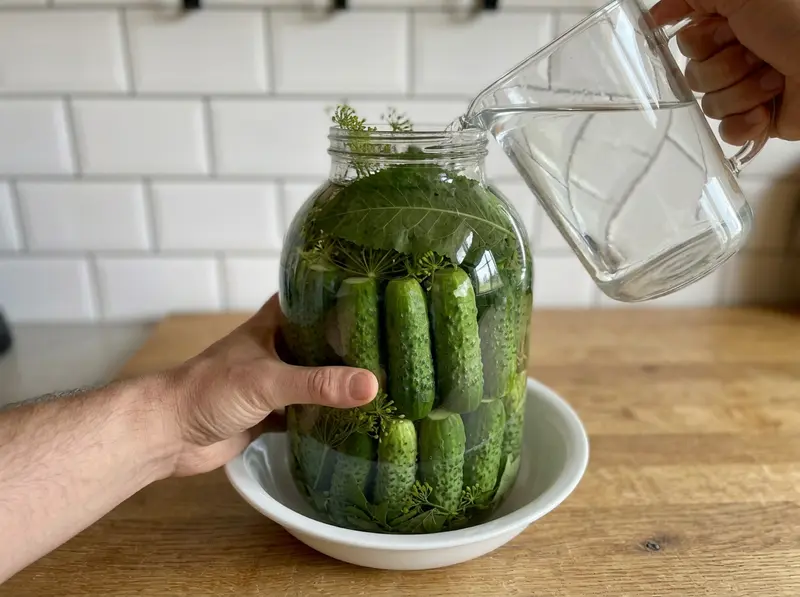 Klare kalte Lake wird aus einer Glaskanne in ein Glas mit Gurken unter einem Meerrettichblatt gegossen: russische Salzgurken