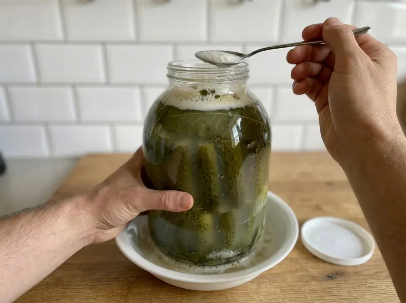 Ein Löffel schöpft weißen Schaum von russischen Salzgurken in trüber Lake ab, das Glas steht in einem tiefen Teller