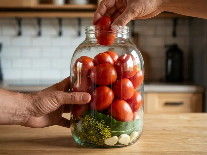 Eine Hand senkt eine kleine rote Tomate in ein 3-Liter-Glas auf Dill, Meerrettichblatt und Knoblauch: russische Salztomaten