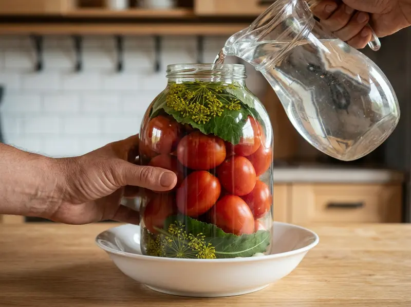 Klare kalte Lake wird aus einer Glaskanne über Tomaten unter einem Meerrettichblatt gegossen: russische Salztomaten