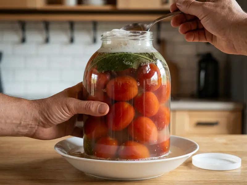 Ein Löffel schöpft weißen Schaum von einem Glas russischer Salztomaten in trüber Lake ab, der Deckel liegt neben dem Teller
