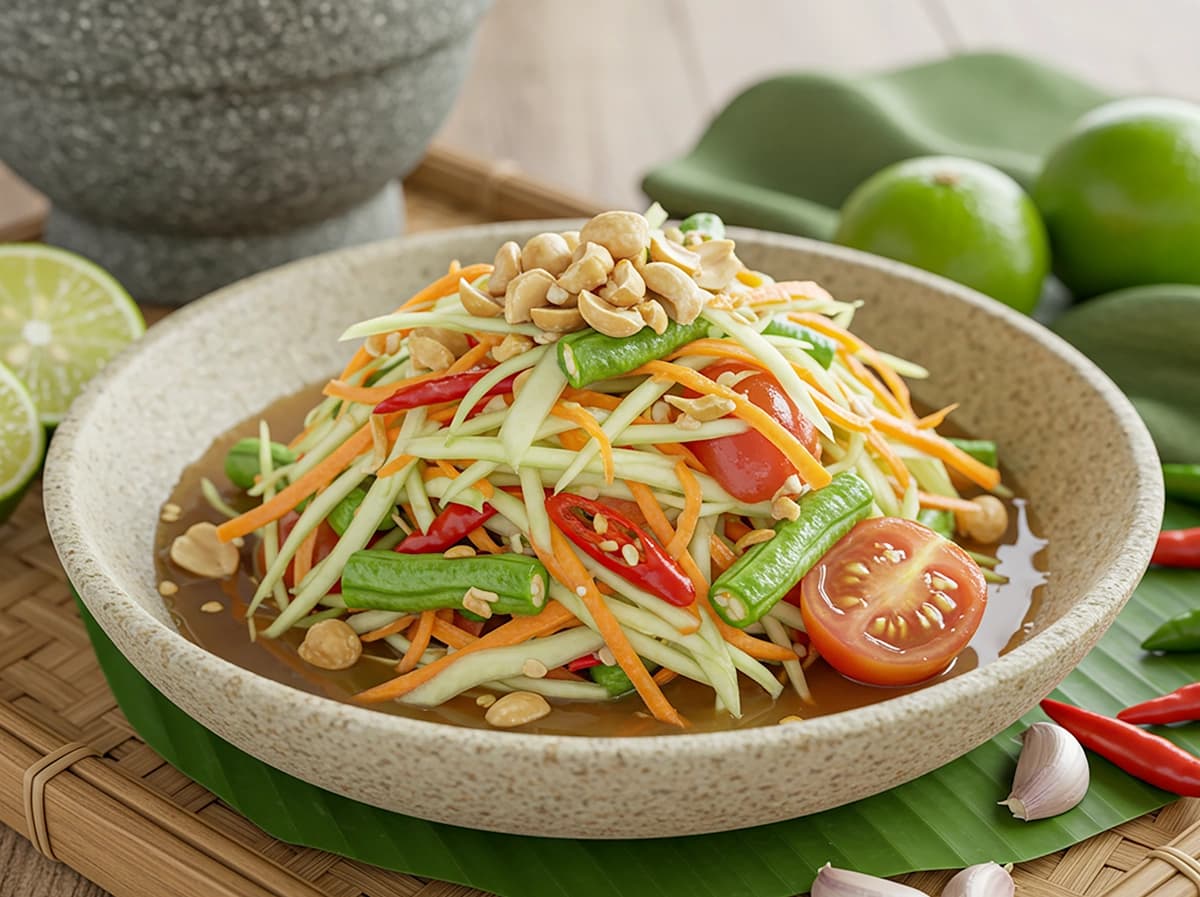 Som Tam (Green Papaya Salad) with green papaya, lime and fish sauce — Thailand recipe
