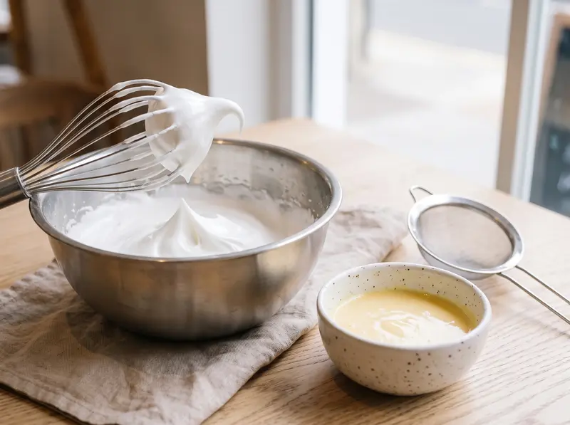 Souffle pancake meringue: a whisk lifted from a steel bowl with a stiff glossy peak, yolk batter and sieve beside
