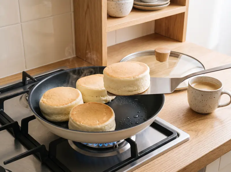 Japanese souffle pancakes on the lowest flame: three tall pancakes in a pan, one flipped with a spatula, lid beside