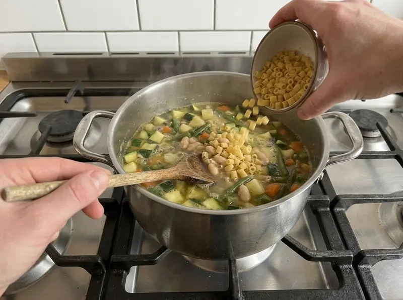 Soupe au pistou:在煤气灶上的不锈钢锅里,把小粒意面倒进微沸的豆子蔬菜汤中