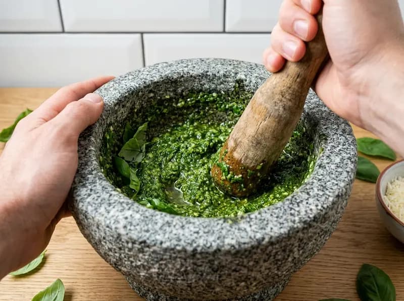 Soupe au pistou:在花岗岩研钵里用木杵把罗勒和蒜捣成绿色的 pistou 酱