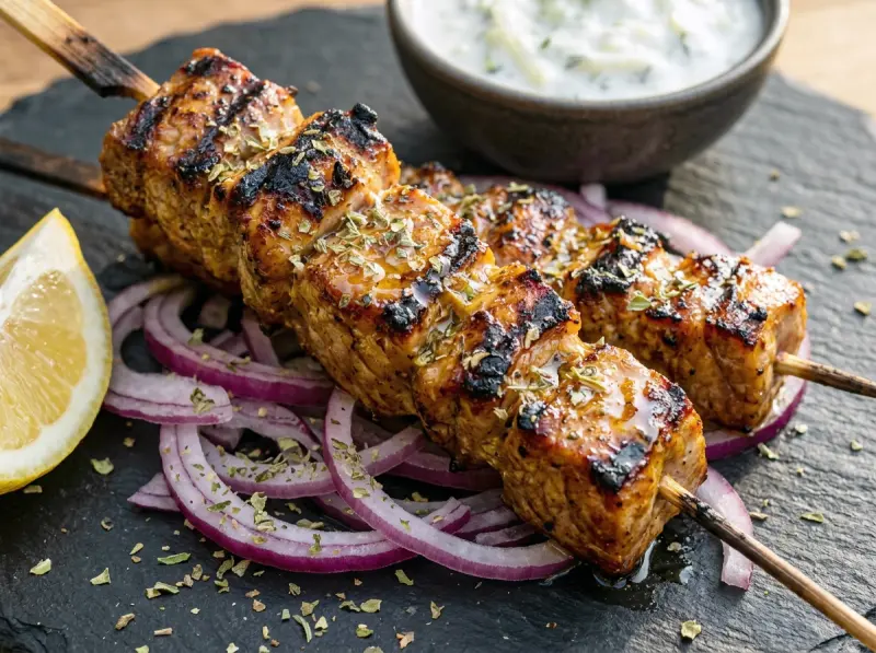 Souvlaki with pork neck, olive oil and lemon juice — Greece recipe