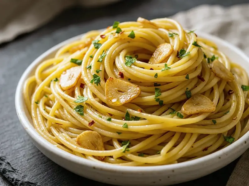 Spaghetti Aglio e Olio with spaghetti, garlic cloves and red pepper flakes — Italy recipe