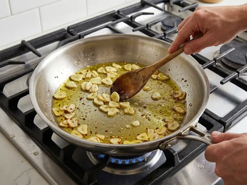 Spaghetti aglio e olio: fettine sottili d'aglio dorate nell'olio in padella d'acciaio, mescolate con un cucchiaio di legno