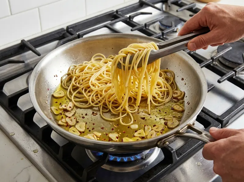 Spaghetti aglio e olio: una pinza cala gli spaghetti cotti in una padella d'acciaio con olio, aglio a fettine e peperoncino