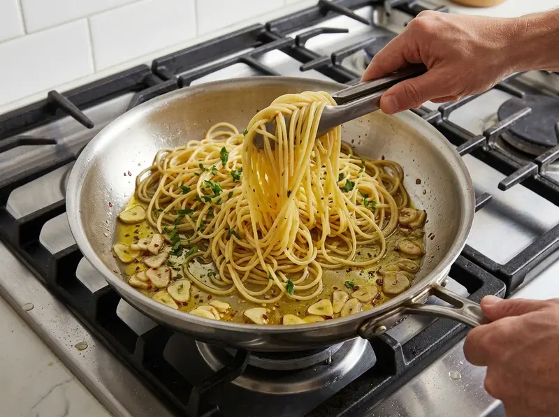 Spaghetti aglio e olio: le pinze sollevano spaghetti lucidi con aglio dorato, peperoncino e prezzemolo da una padella