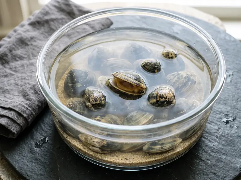 Vongole clams soaking in a glass bowl of cold salted water for spaghetti alle vongole, sand settled at the bottom
