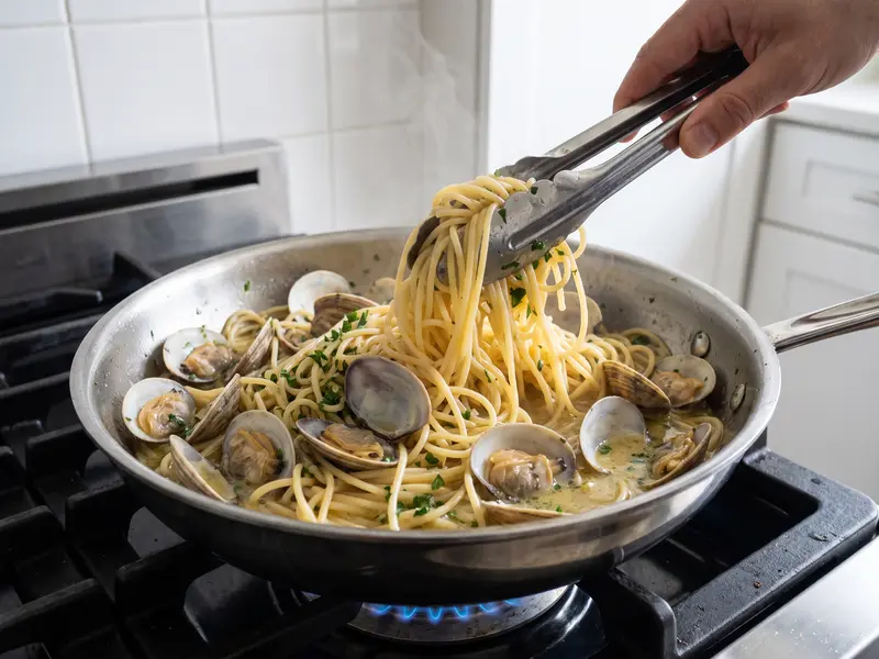 Tongs lift a twist of spaghetti alle vongole in a silky clam juice and olive oil emulsion, clams and parsley in the pan