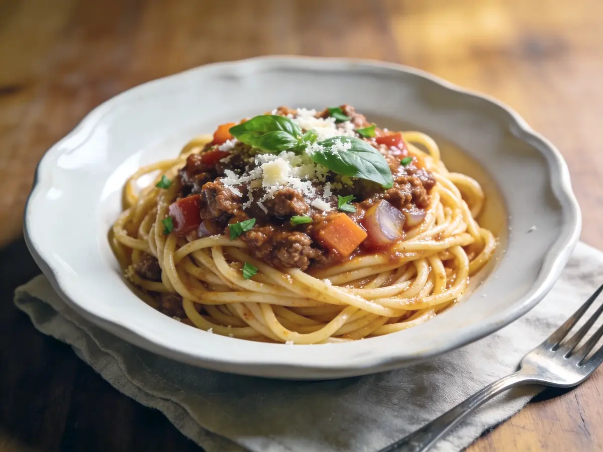 Spaghetti Bolognese with spaghetti, ground beef and tomato — Italy recipe