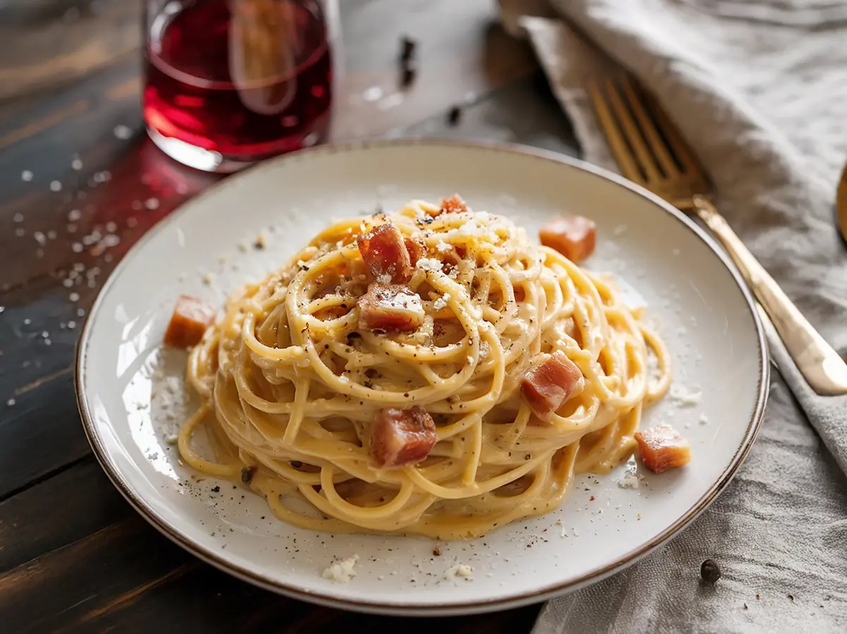 Spaghetti Carbonara with eggs, pancetta and parmesan — Italy recipe