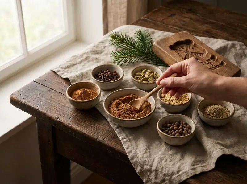 Stirring ground cinnamon, cloves, cardamom, nutmeg and other spices into a Spekulatius spice blend