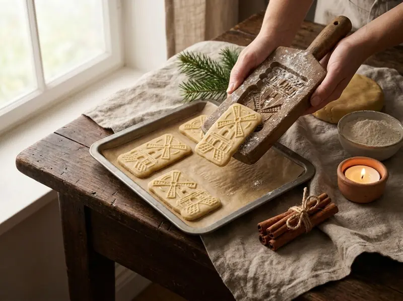 Knocking a raw Spekulatius biscuit with a windmill relief out of a floured carved wooden mould