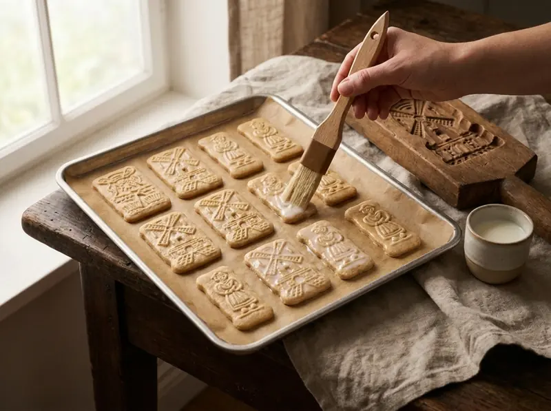Brushing raw embossed Spekulatius biscuits with a thin film of milk on a lined tray before baking