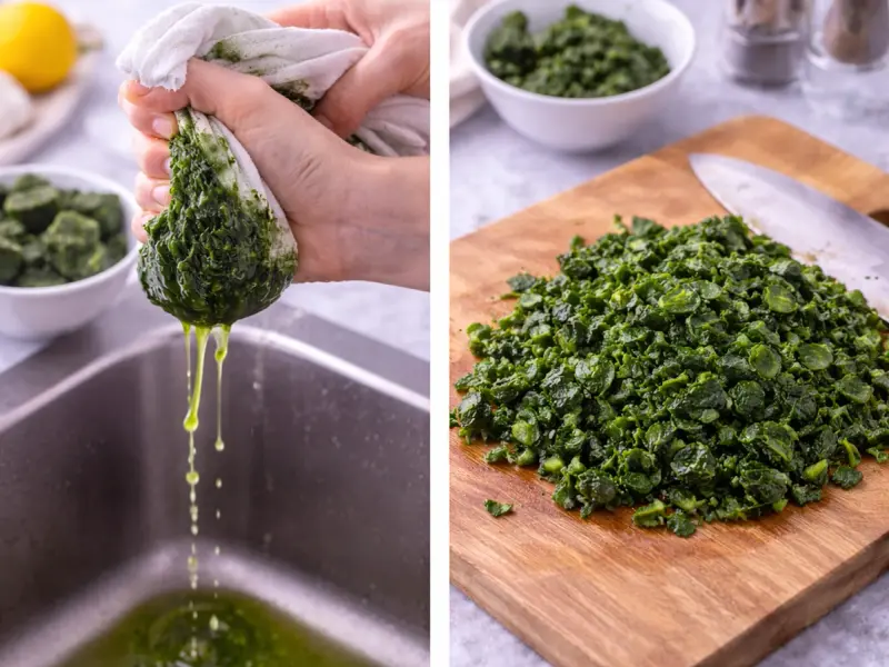布巾で水気を絞ったほうれん草 ディップの下準備