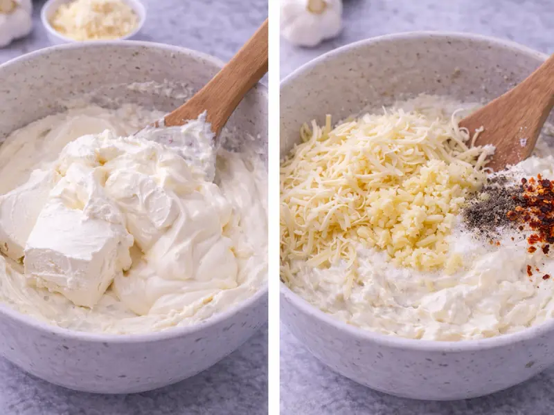 Formaggio spalmabile, panna acida e maionese montati a base liscia