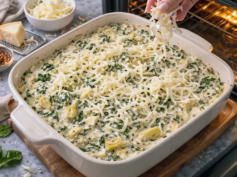 Dip di spinaci e carciofi gratinato con mozzarella dorata in superficie