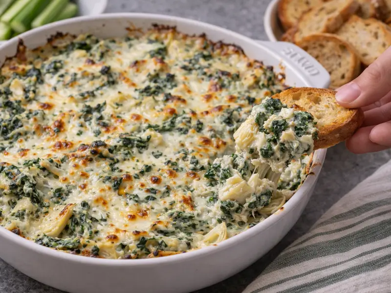 Dip caldo di spinaci e carciofi servito con crostini di baguette