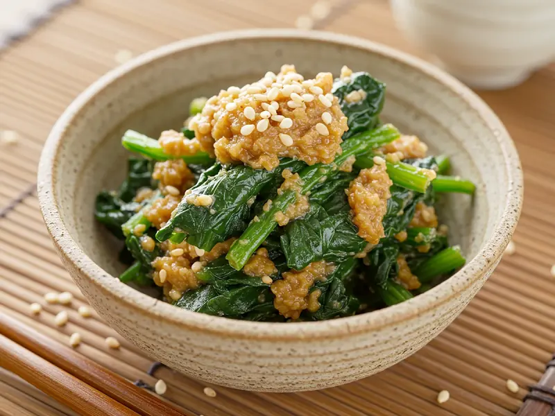 Spinach in Sesame Sauce (Goma-ae) with fresh spinach, white sesame seeds and mirin — Japan recipe
